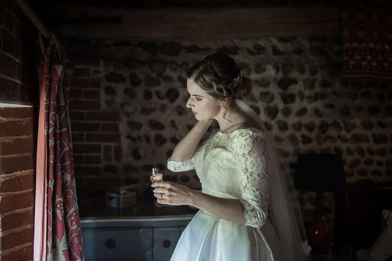 bride is nearly ready for her chaucer barn wedding in norfolk 
