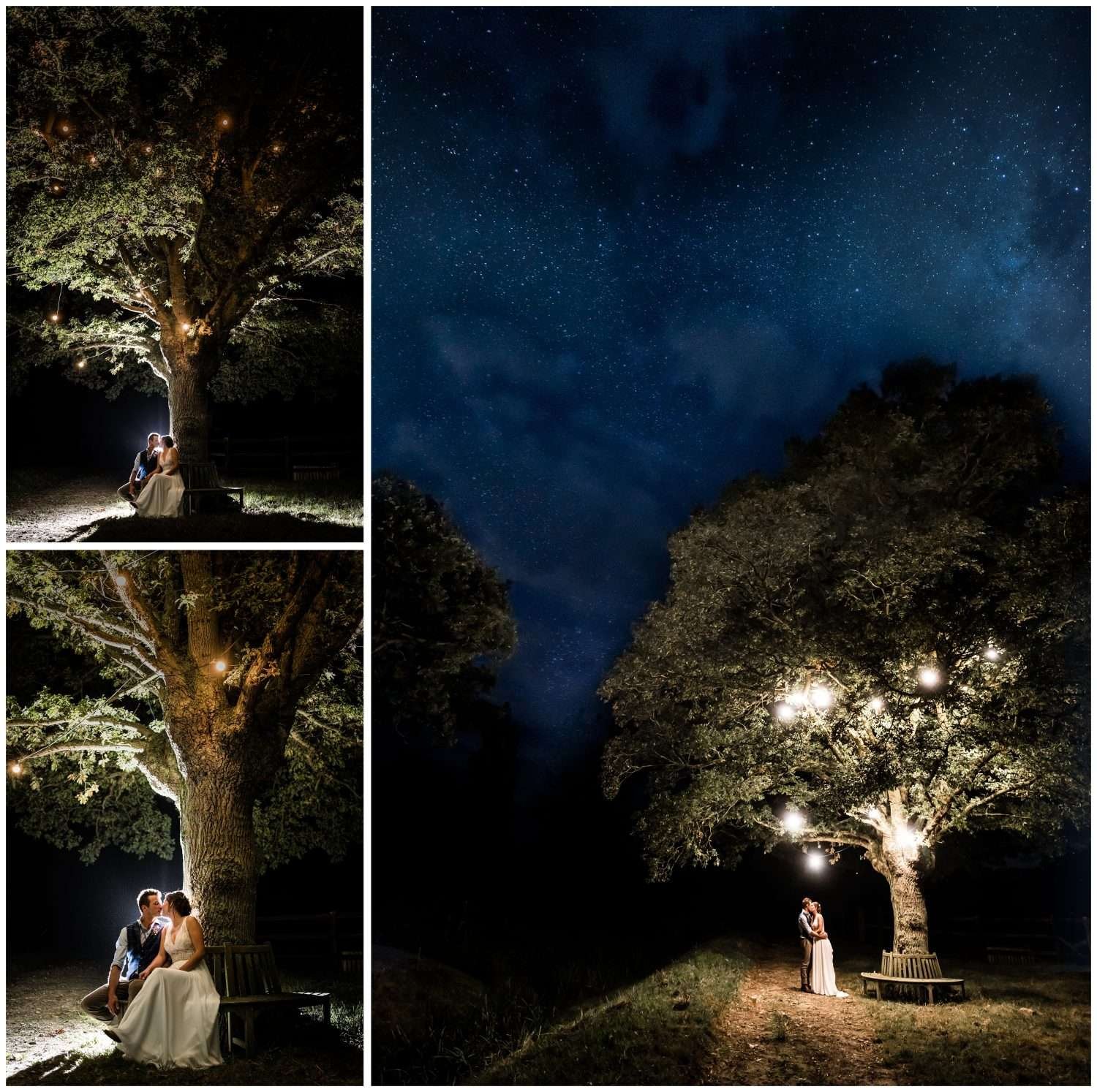 bride and groom kiss under the stars with a huge illuminated oak tree covered in sparkly lights at their suffolk wedding