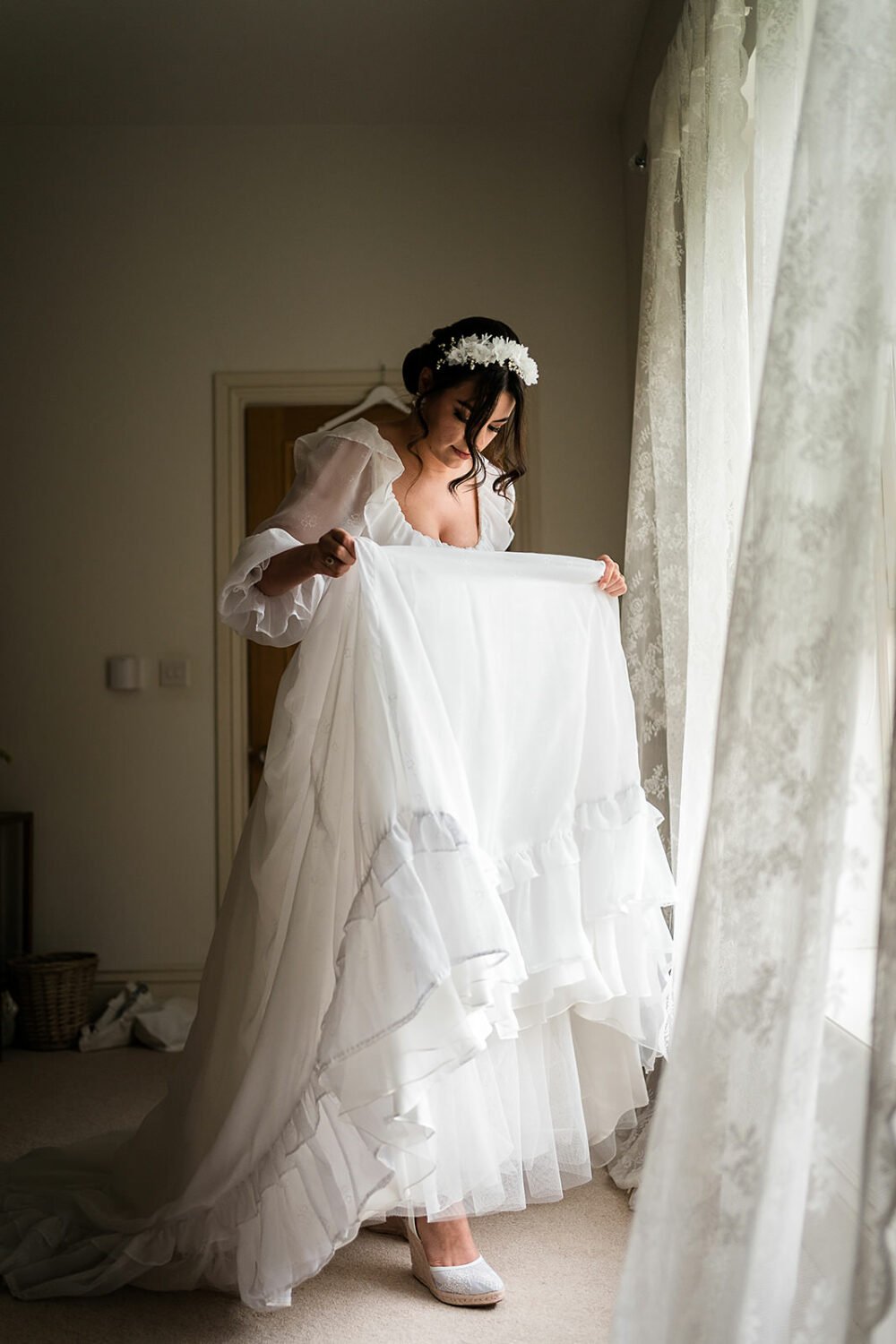 bride getting ready for her fishley hall wedding  